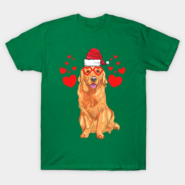 Santa Hat-Wearing Golden Retriever Funny Christmas Holiday T-Shirt by Contentarama